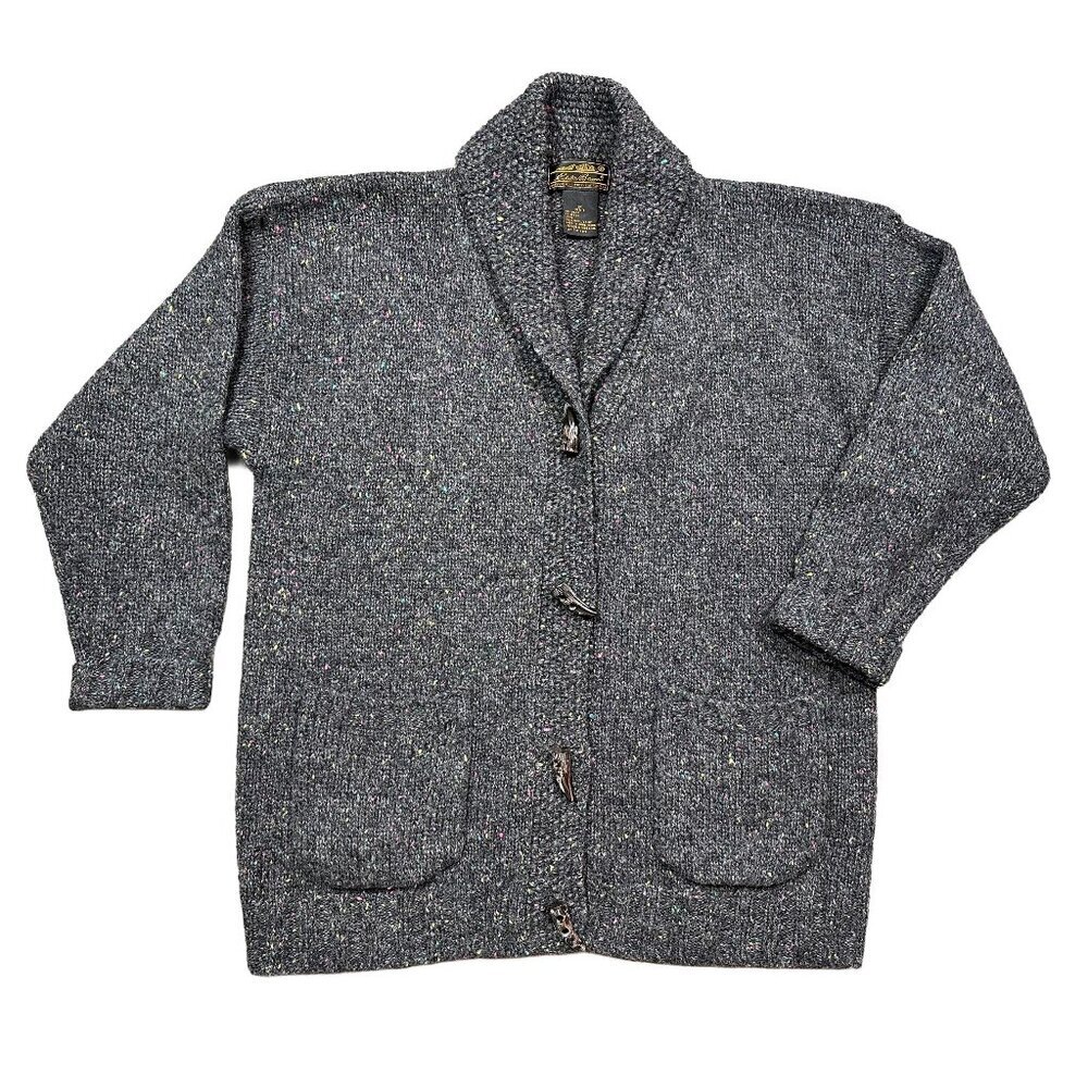 Vintage Eddie Bauer Rainbow Speckle Wool Grey Toggle Cardigan Sweater Petite Med